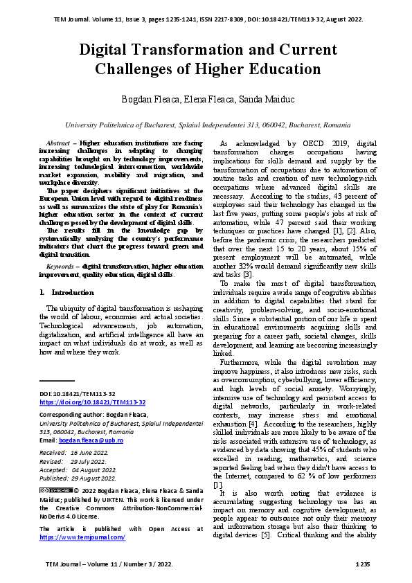 (PDF) Digital Transformation and Current Challenges of Higher Education