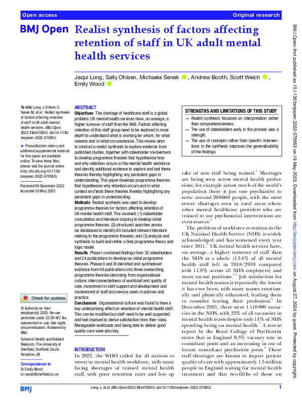 (PDF) Realist synthesis of factors affecting retention of staff in UK ...