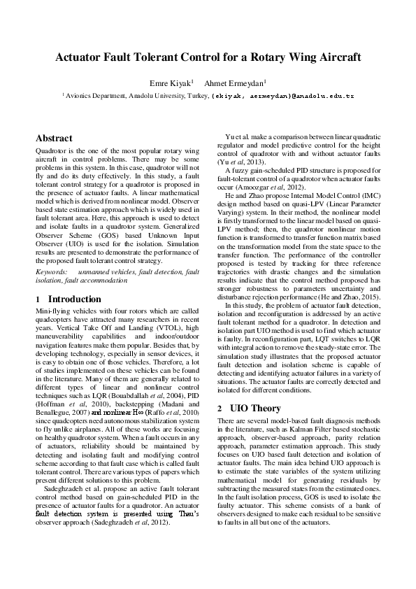 (PDF) Actuator Fault Tolerant Control for a Rotary Wing Aircraft