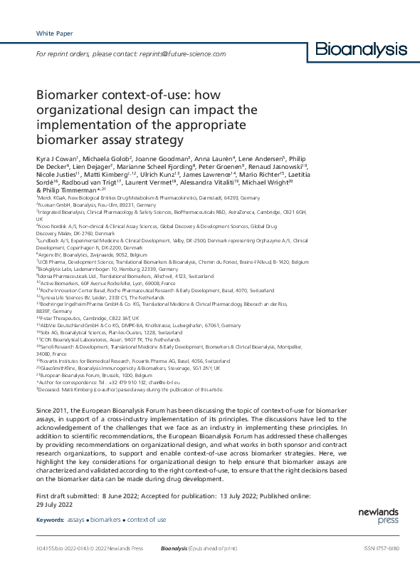 (PDF) Biomarker context-of-use: how organizational design can impact ...