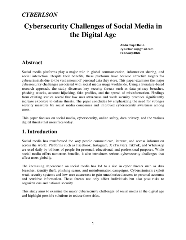 (PDF) Cybersecurity Challenges of Social Media in the Digital Age