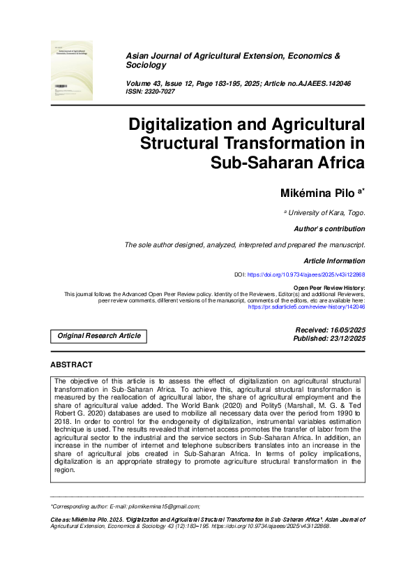(PDF) Digitalization and Agricultural Structural Transformation in Sub ...