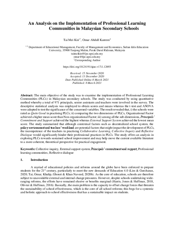 (PDF) An Analysis on the Implementation of Professional Learning ...