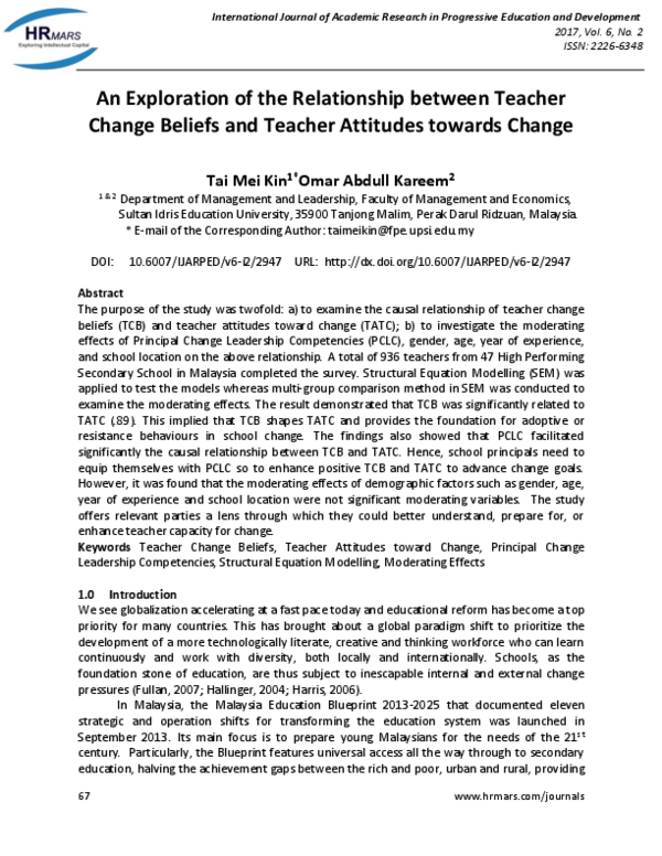 (PDF) An Exploration of the Relationship between Teacher Change Beliefs ...