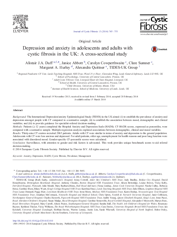 (PDF) Depression and anxiety in adolescents and adults with cystic ...