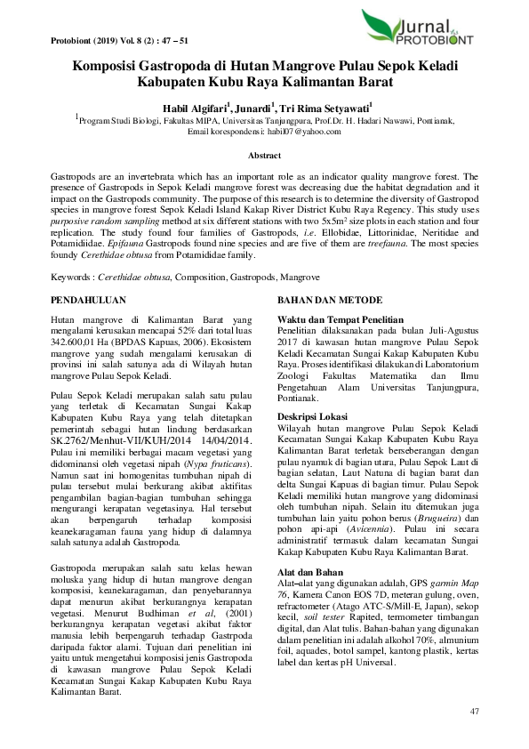 (PDF) Komposisi Gastropoda di Hutan Mangrove Pulau Sepok Keladi ...