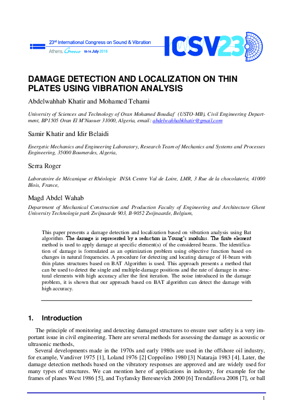 (PDF) Damage detection and localization on thin plates using vibration ...
