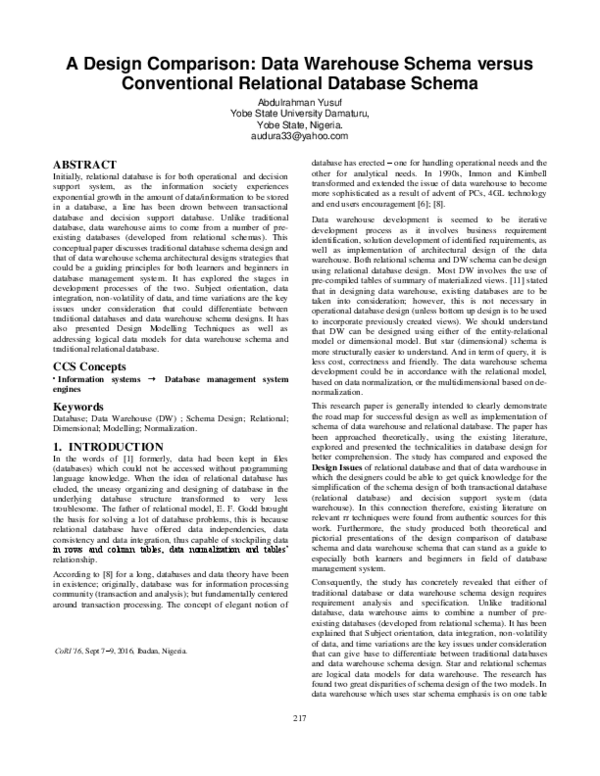 (PDF) A Design Comparison: Data Warehouse Schema versus Conventional ...