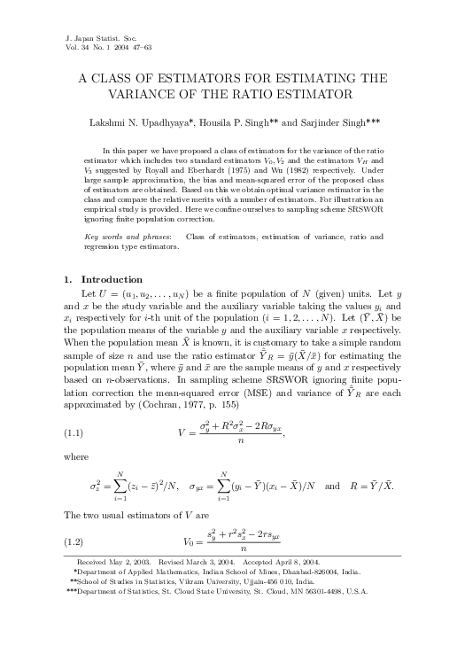 (PDF) A Class of Estimators for Estimating the Variance of the Ratio ...