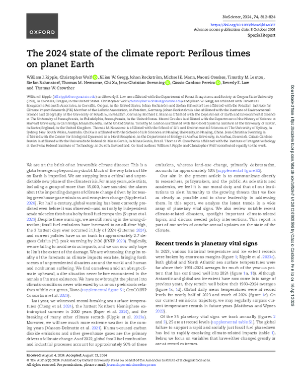 (PDF) The 2024 state of the climate report: Perilous times on planet Earth