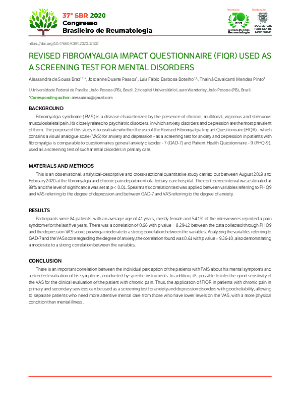 (PDF) Revised Fibromyalgia Impact Questionnaire (Fiqr) Used as a ...