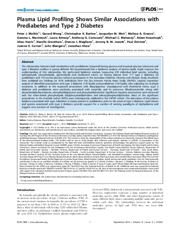(PDF) Plasma Lipid Profiling Shows Similar Associations with ...