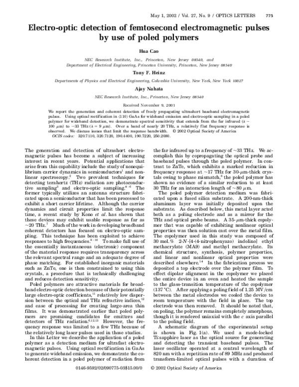 (PDF) Electro-optic detection of femtosecond electromagnetic pulses by ...