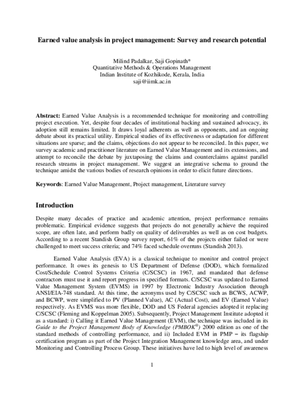 (PDF) Earned value analysis in project management : Survey and research ...