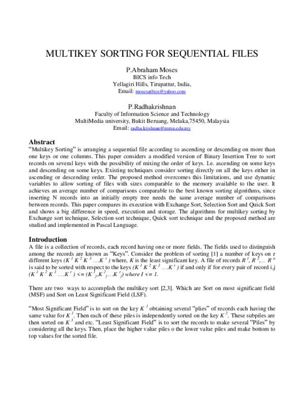 (PDF) Multikey Sorting for Sequential Files