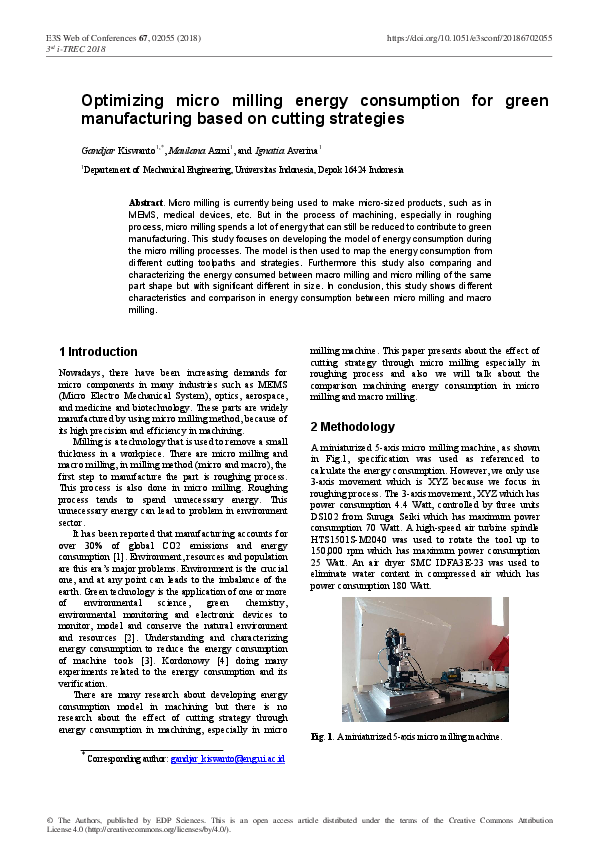 (PDF) Optimizing micro milling energy consumption for green ...