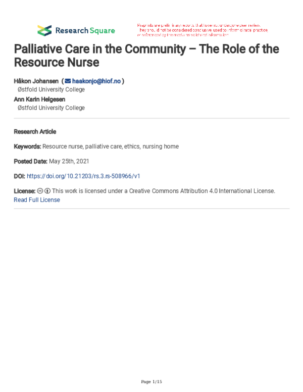 (PDF) Palliative Care in the Community – The Role of the Resource Nurse