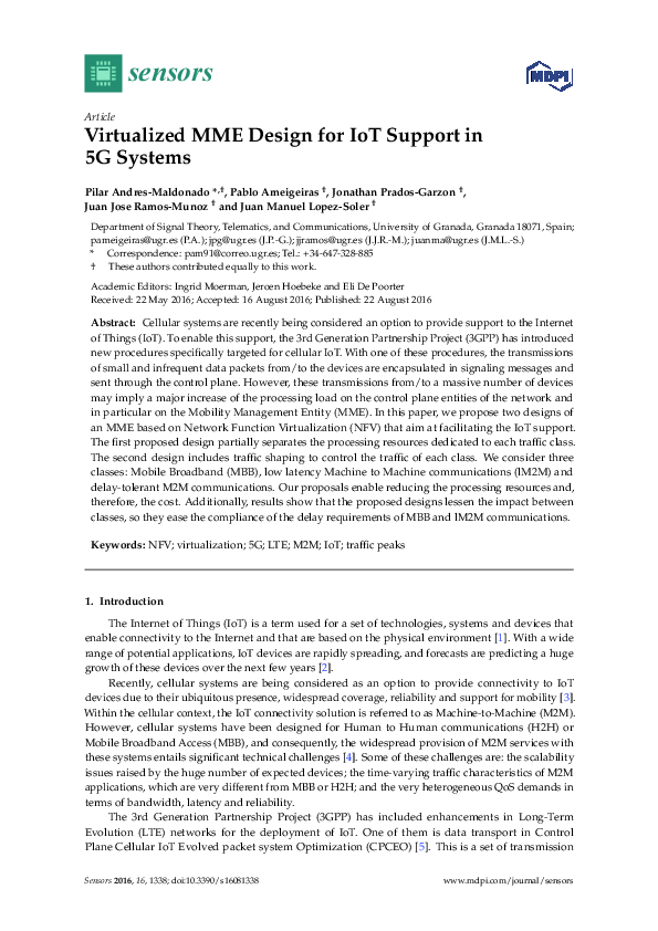 (PDF) Virtualized MME Design for IoT Support in 5G Systems