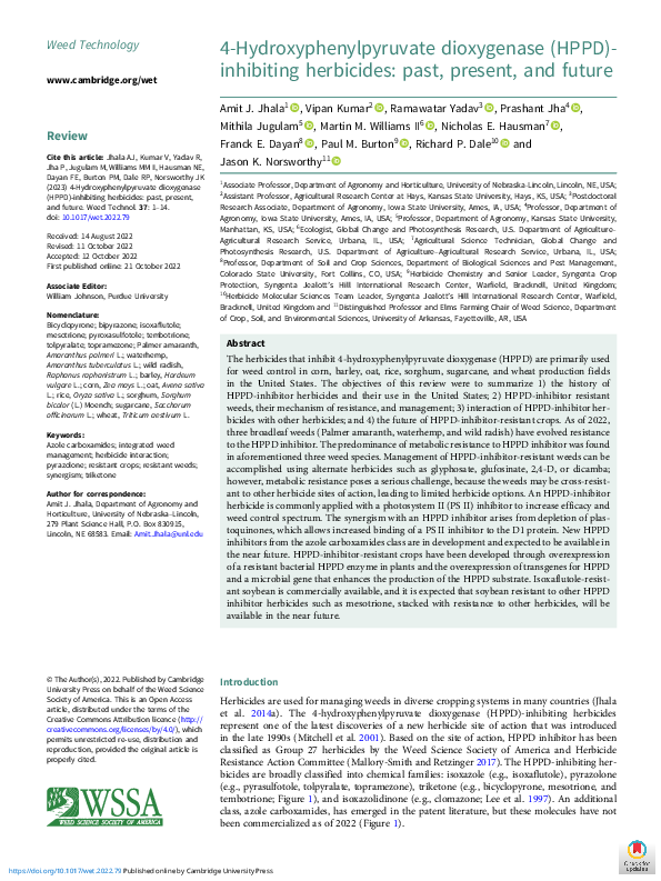 (PDF) 4-Hydroxyphenylpyruvate dioxygenase (HPPD)-inhibiting herbicides ...