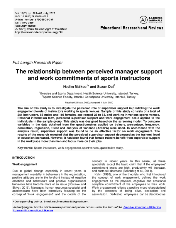 (PDF) The relationship between perceived manager support and work ...