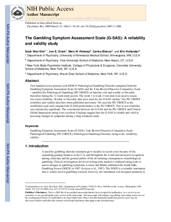 (PDF) The Gambling Symptom Assessment Scale (G-SAS): A reliability and ...