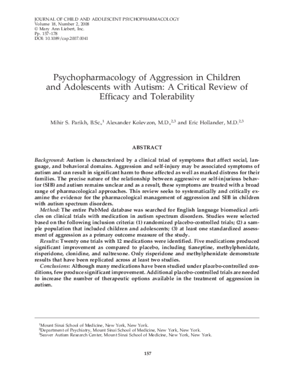 (PDF) Psychopharmacology of Aggression in Children and Adolescents with ...