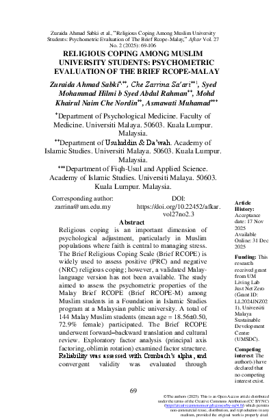 (PDF) RELIGIOUS COPING AMONG MUSLIM UNIVERSITY STUDENTS: PSYCHOMETRIC ...
