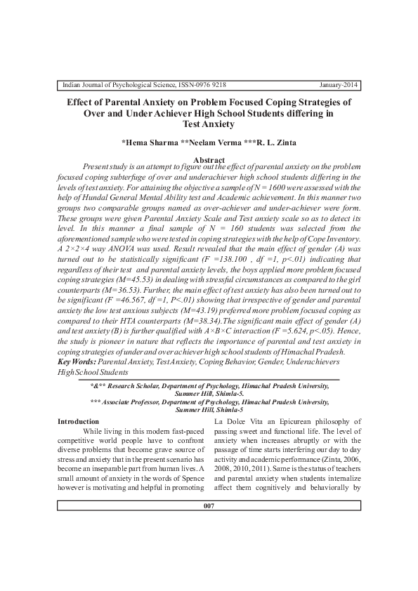 (PDF) Effect of Parental Anxiety on Problem Focused Coping Strategies ...