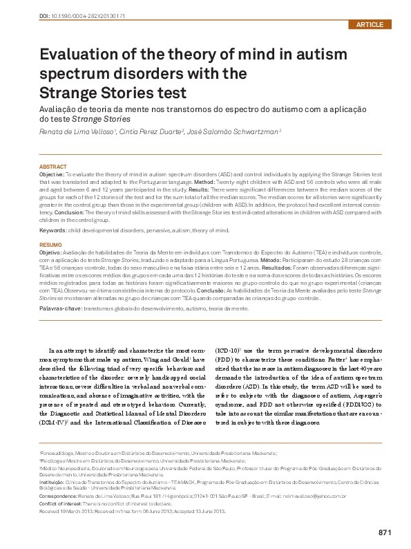 (PDF) Evaluation of the theory of mind in autism spectrum disorders ...