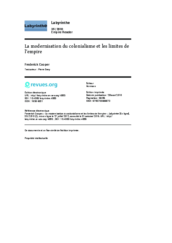 (PDF) La modernisation du colonialisme et les limites de l’empire
