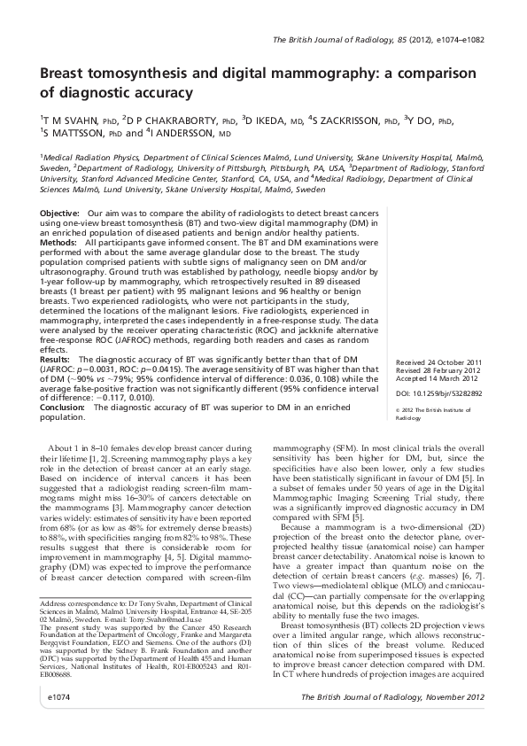 (PDF) Breast tomosynthesis and digital mammography: a comparison of ...