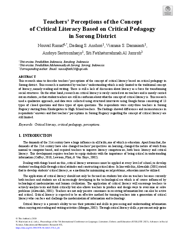 (PDF) Teachers’ Perceptions of the Concept of Critical Literacy Based ...