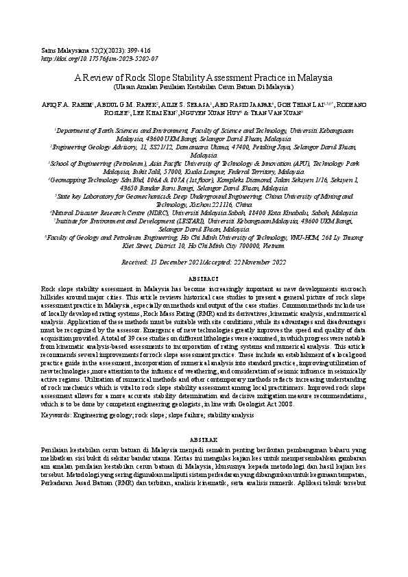 (PDF) A Review of Rock Slope Stability Assessment Practice in Malaysia
