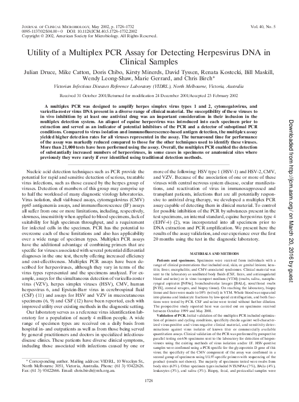 (PDF) Utility of a Multiplex PCR Assay for Detecting Herpesvirus DNA in ...