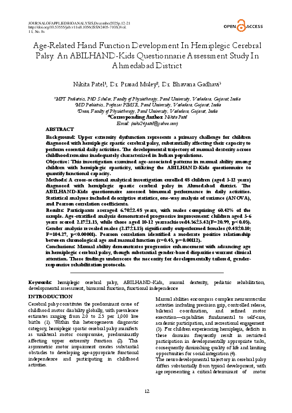 (PDF) Age-Related Hand Function Development In Hemiplegic Cerebral ...