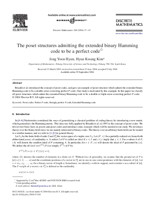 (PDF) The poset structures admitting the extended binary Hamming code ...