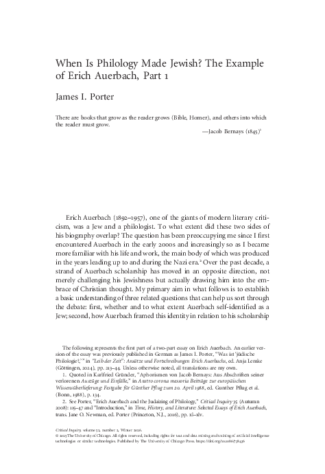 (PDF) When Is Philology Made Jewish? The Example of Erich Auerbach, Part 1