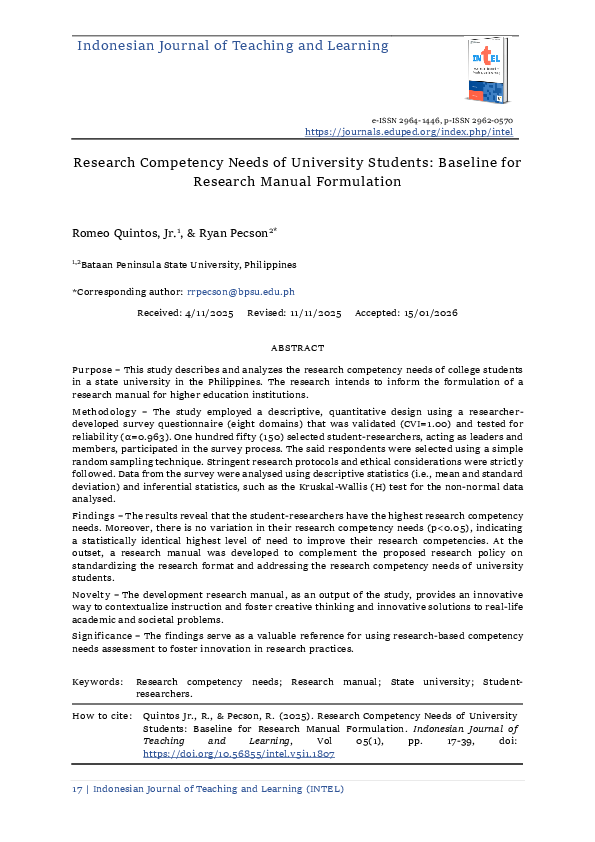 (PDF) Research Competency Needs of University Students: Baseline for ...