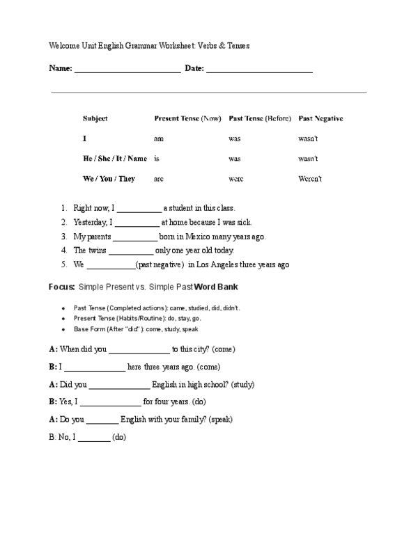 (PDF) Welcome Unit English Grammar Worksheet: Verbs & Tenses