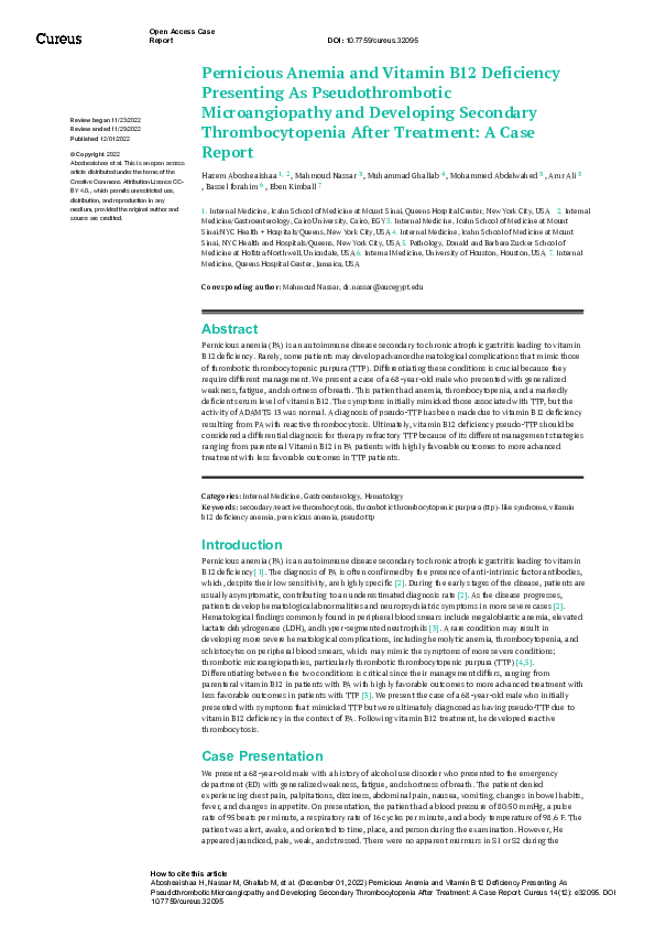 (PDF) Pernicious Anemia and Vitamin B12 Deficiency Presenting As ...