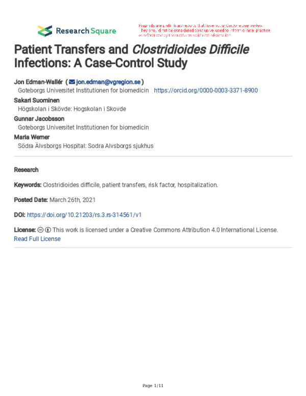 (PDF) Patient Transfers and Clostridioides Difficile Infections: A Case ...