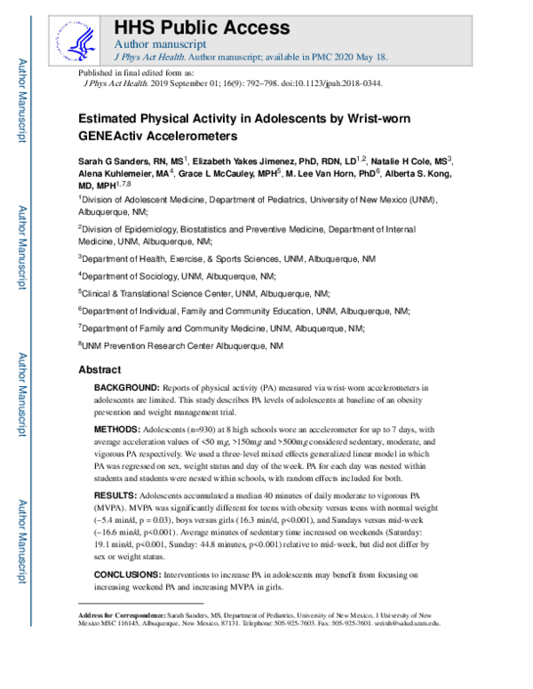 (PDF) Estimated Physical Activity in Adolescents by Wrist-Worn ...