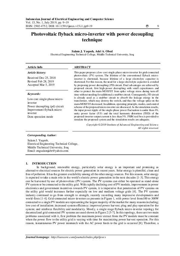 (PDF) Photovoltaic flyback micro-inverter with power decoupling technique