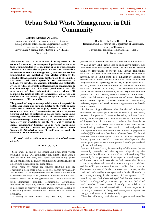(PDF) Urban Solid Waste Management in Dili Community