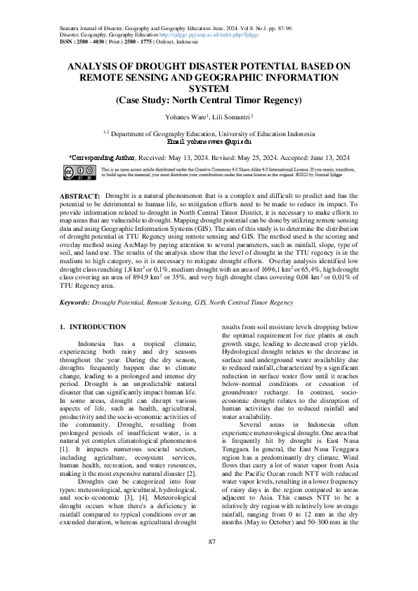 (PDF) ANALYSIS OF DROUGHT DISASTER POTENTIAL BASED ON REMOTE SENSING ...