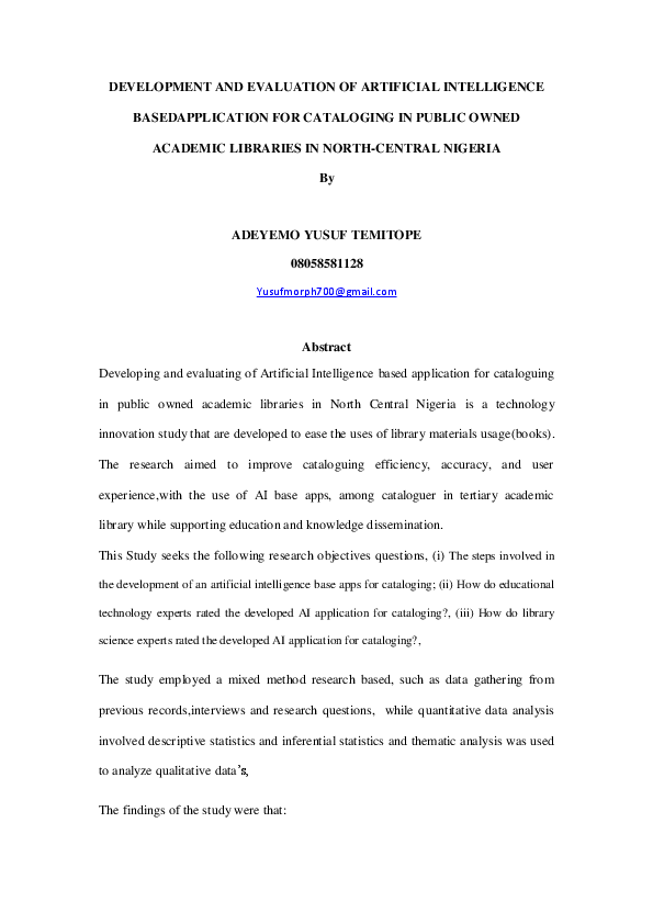 (PDF) DEVELOPMENT AND EVALUATION OF ARTIFICIAL INTELLIGENCE ...