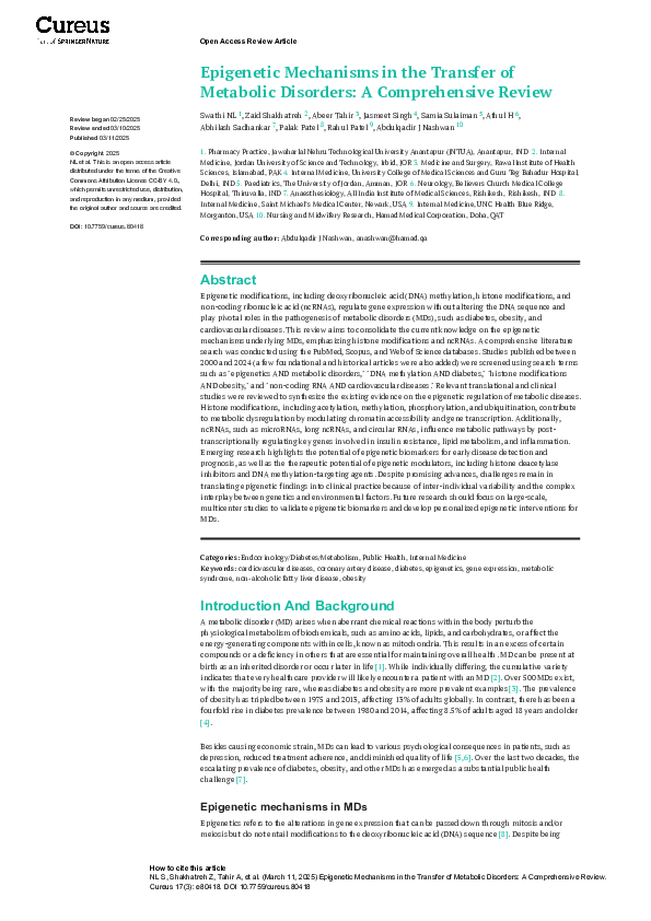 (PDF) Epigenetic Mechanisms in the Transfer of Metabolic Disorders: A ...