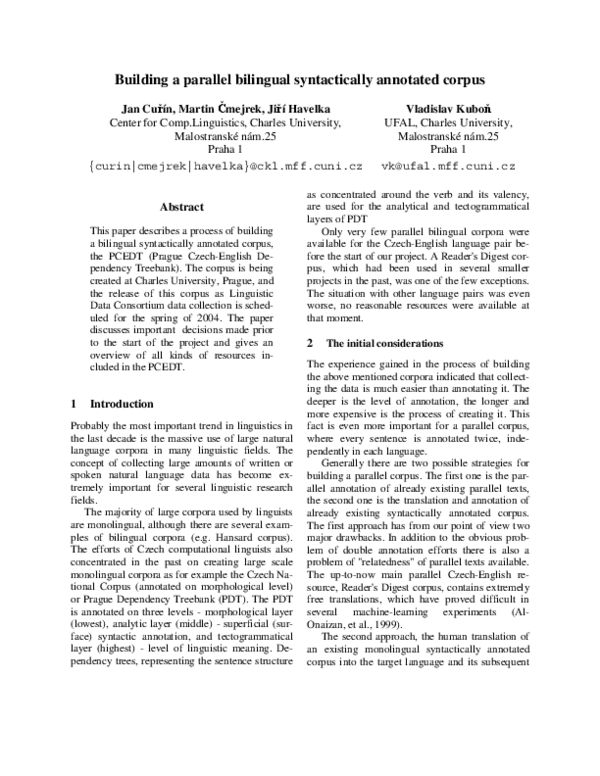 (PDF) Building a Parallel Bilingual Syntactically Annotated Corpus