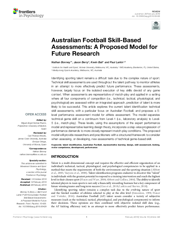 (PDF) Australian Football Skill-Based Assessments: A Proposed Model for ...