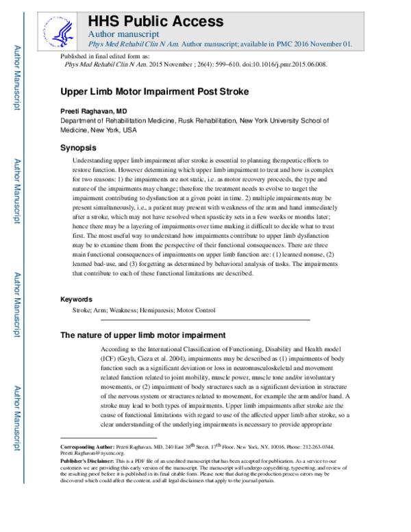 (PDF) Upper Limb Motor Impairment After Stroke